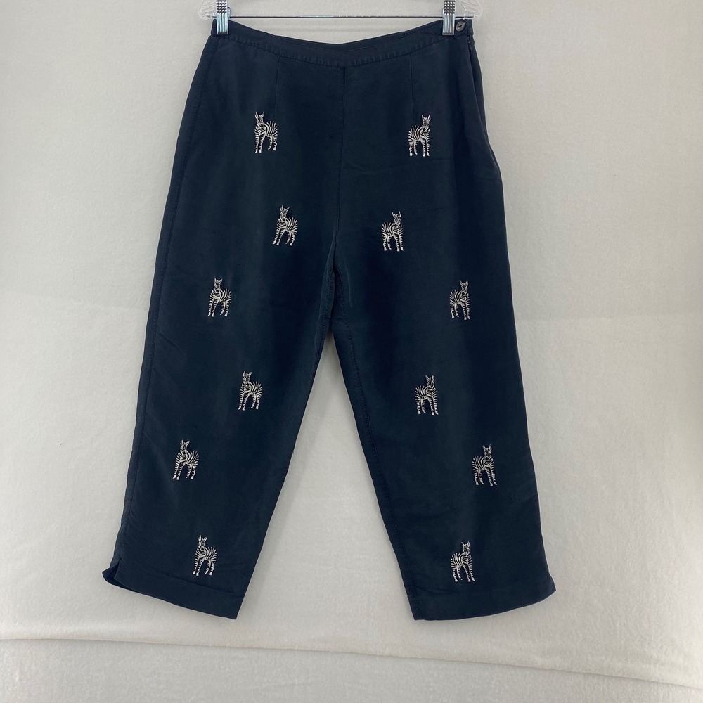 Silkland 100% Silk‎ Black Pants Size 10 Embroidered Zebra Animal Print Cropped